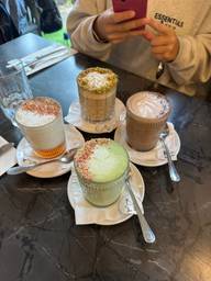Matcha latte, chai latte, pistachio latte, and mocha. All phenomenal, same goes for brunch here