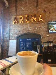 Great Flat White, in a very cool sports themed cafe and gallery, in Toronto’s Distillery District 