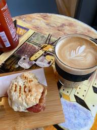 Always a treat 😍 this was a Spanish latte and a hand made biscuit sandwich!